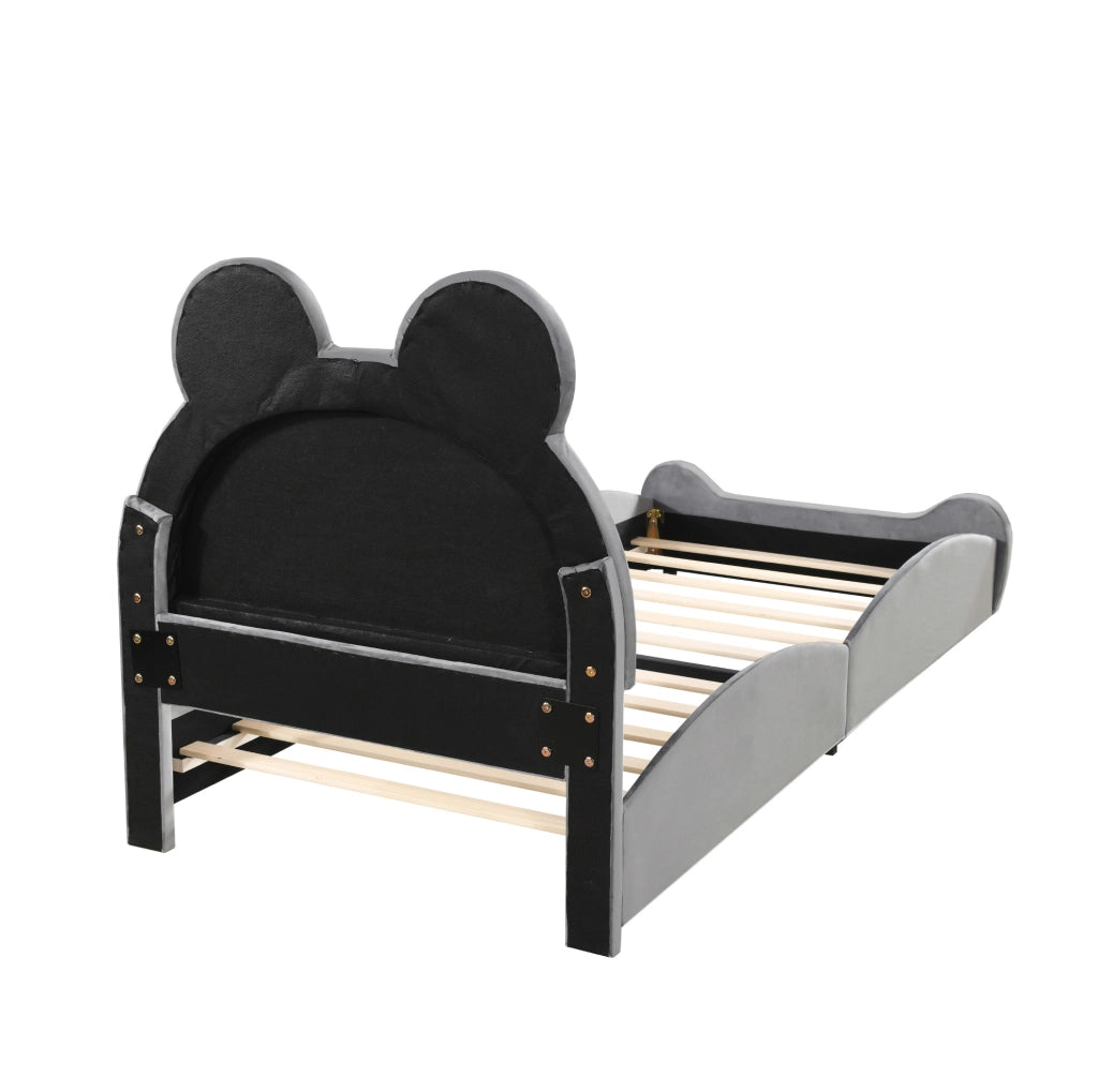 Letto per bambini 90x200 cm a forma di orso; imbottito in tessuto vellutato grigio