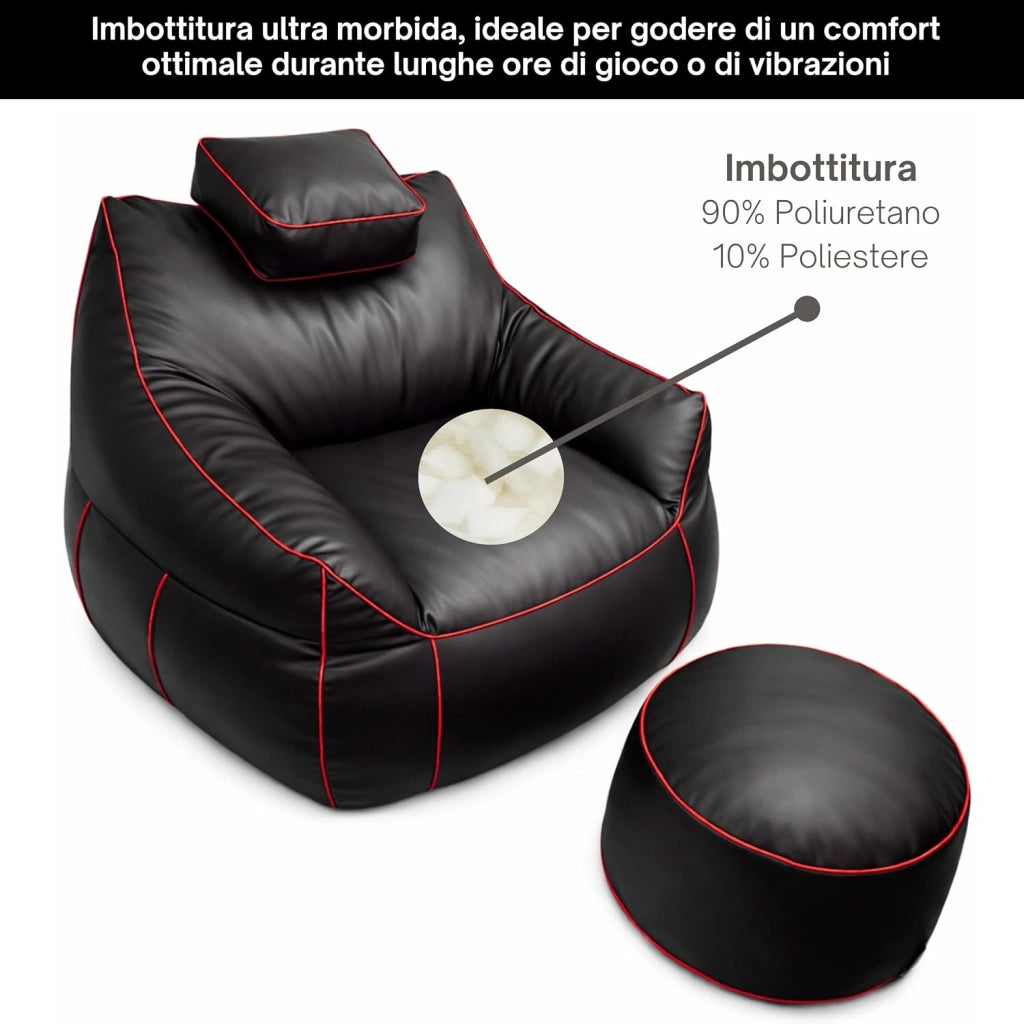 Set Pouf Poltrona Gaming XXL + Pouf rotondo - Comfort per relax e gaming - Poggiatesta regolabile, 2 tasche - Per divano, soggiorno e postazione gaming (110×100×90 cm, Rosso)