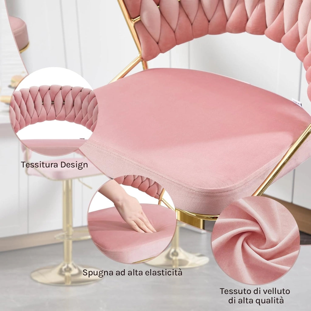 Sgabelli da Cucina Set di 2, Sgabelli da Bar Girevoli Altezza Regolabile con Schienale e Poggiapiedi, Velluto, Rosa