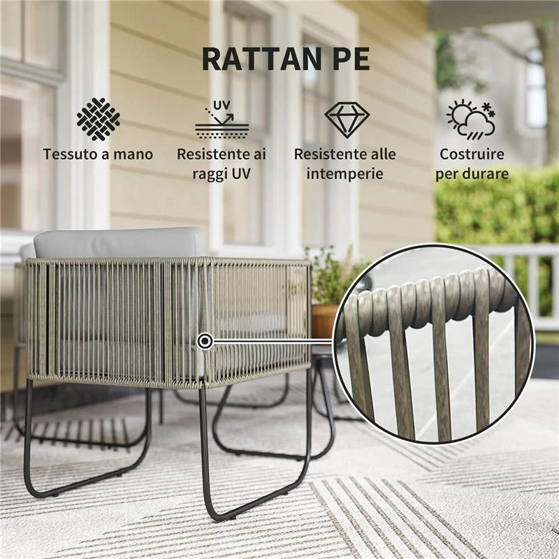 SET DA GIARDINO RATTAN CON DIVANETTO 2 POSTI 2 POLTRONE E TAVOLINO IN VETRO CUSCINI SFODERABILI GRIGIO