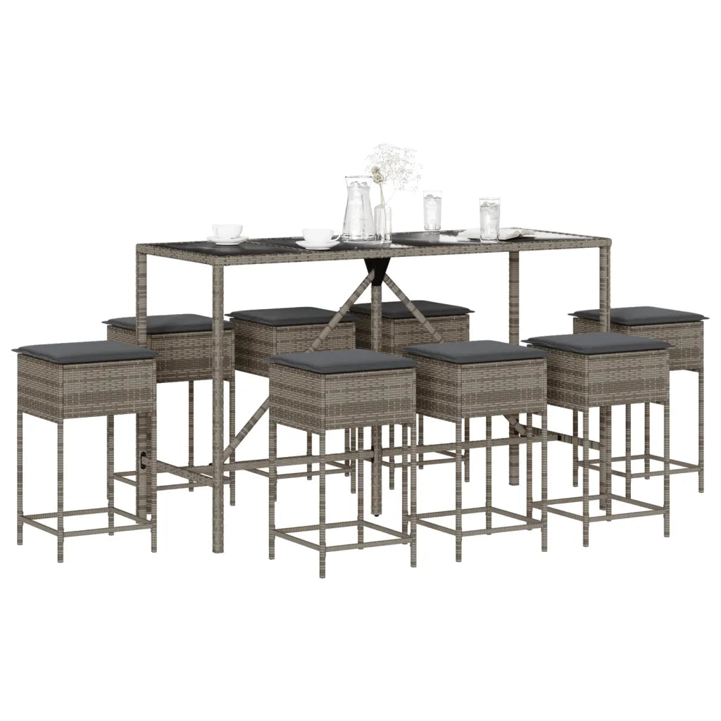 Set Bar da Giardino 9 pz con Cuscini in Polyrattan Grigio 3261475