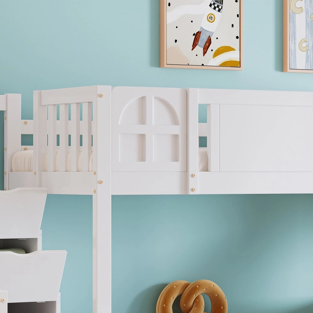Letto a Castello Bambini con Scivolo, Cassetti e Scaletta ¨C MINIMAL ¨C Pino/MDF Bianco 90x200