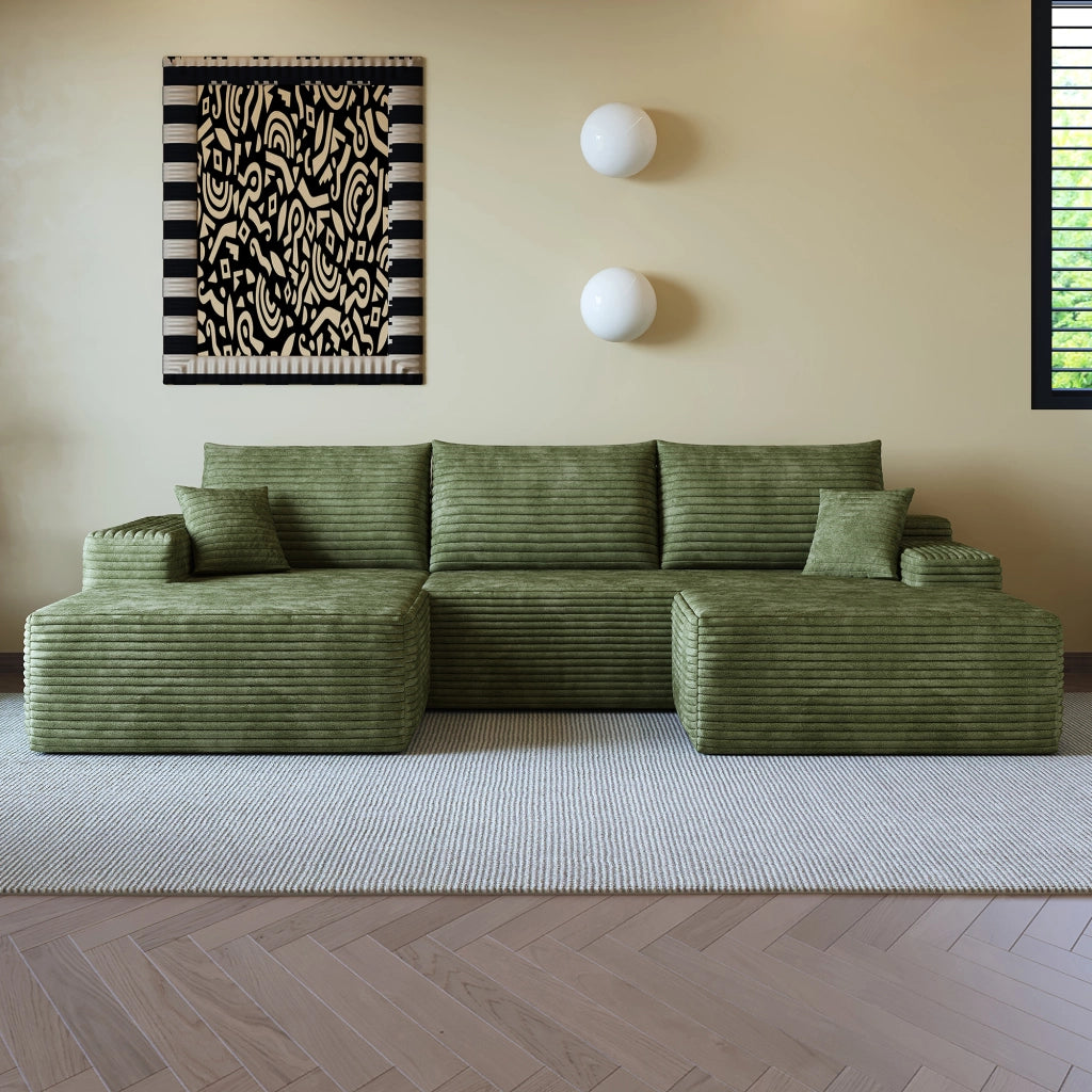 Divano angolare modulare con chaise longue a L in tessuto a coste, schiuma ad alta elasticità, verde per soggiorno