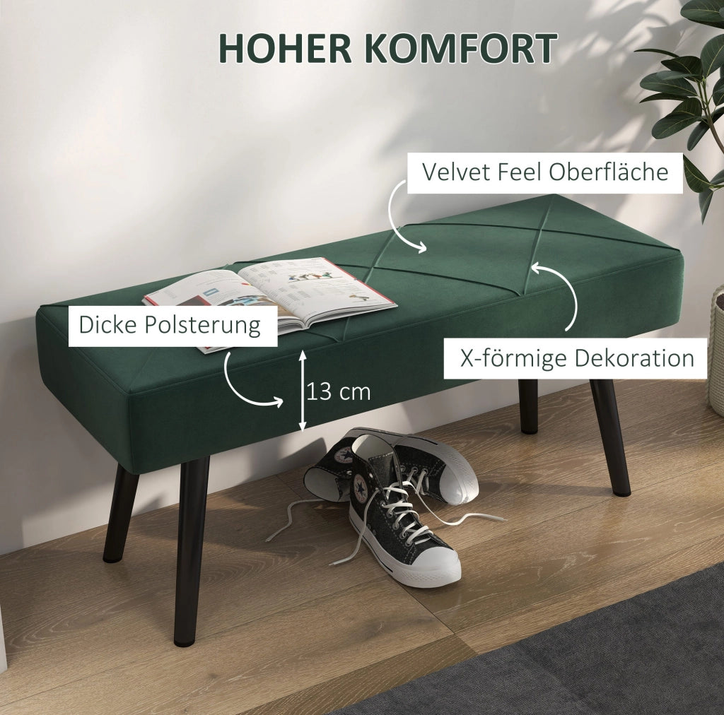 Panca imbottita verde con gambe in acciaio