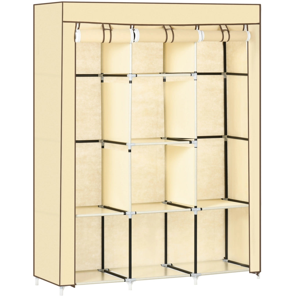 Armadio in tessuto beige con 8 ripiani e appenderia, 125x43x162,5 cm, struttura in acciaio, pieghevole e salvaspazio