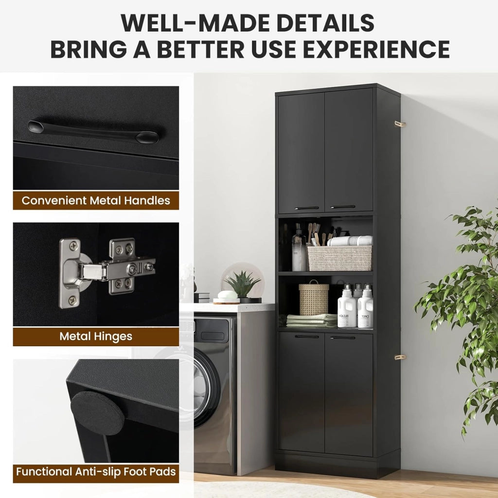 Credenza Alta da Cucina 190 cm, Mobile Cucina Dispensa in Legno, Mobile Buffet con 2 Armadio e Ripiano, per Soggiorno, Sala da Pranzo, Bagno, 56 x 30 x 190 cm, (In 2 Pacchi) (Nero)