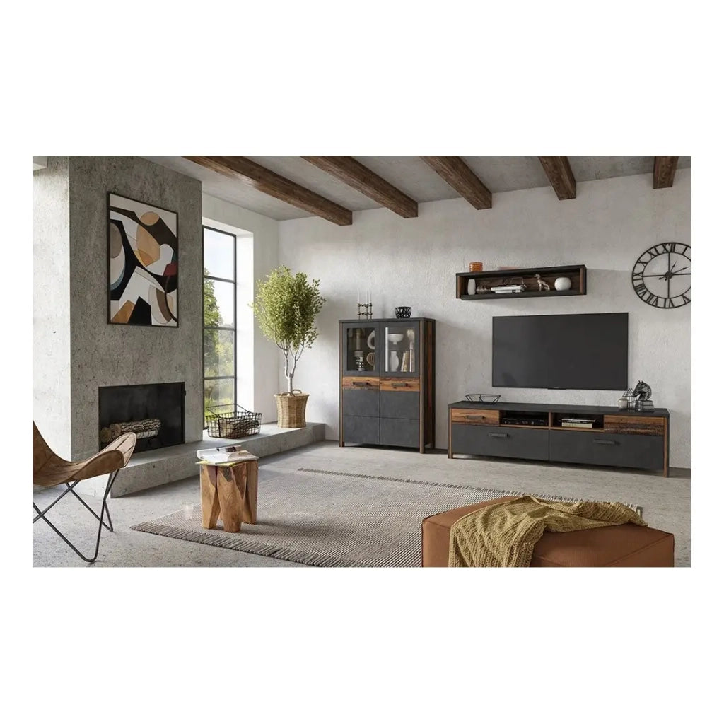 Mobile per TV WINDSOR grigio antracite e rovere scuro - 190 cm - 2 porte, 2 cassetti, 2 vani - 187 x 52.6 x 50.4 cm