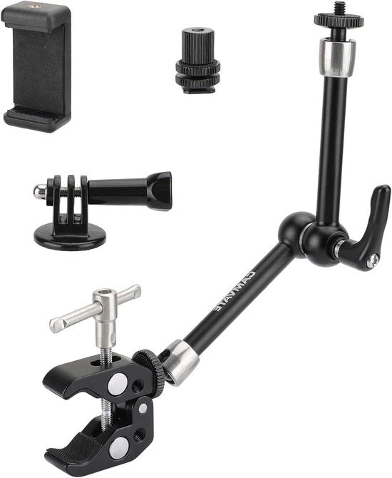 Braccio Magico Premium con Morsetto Super Crab per Camere d'Azion e Smartphone - Adattatore per Monopode - Clip per Smartphone