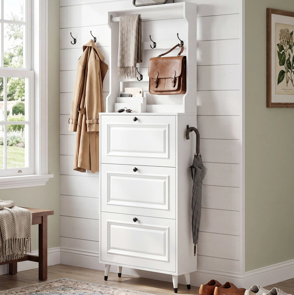 Guardaroba da ingresso 66x17x180 cm con appendiabiti e portascarpe in MDF e truciolare bianco