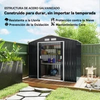 Casetta da Giardino Porta Utensili in Lamiera con Porte Scorrevoli, 213x130x185cm, Grigio Scuro
