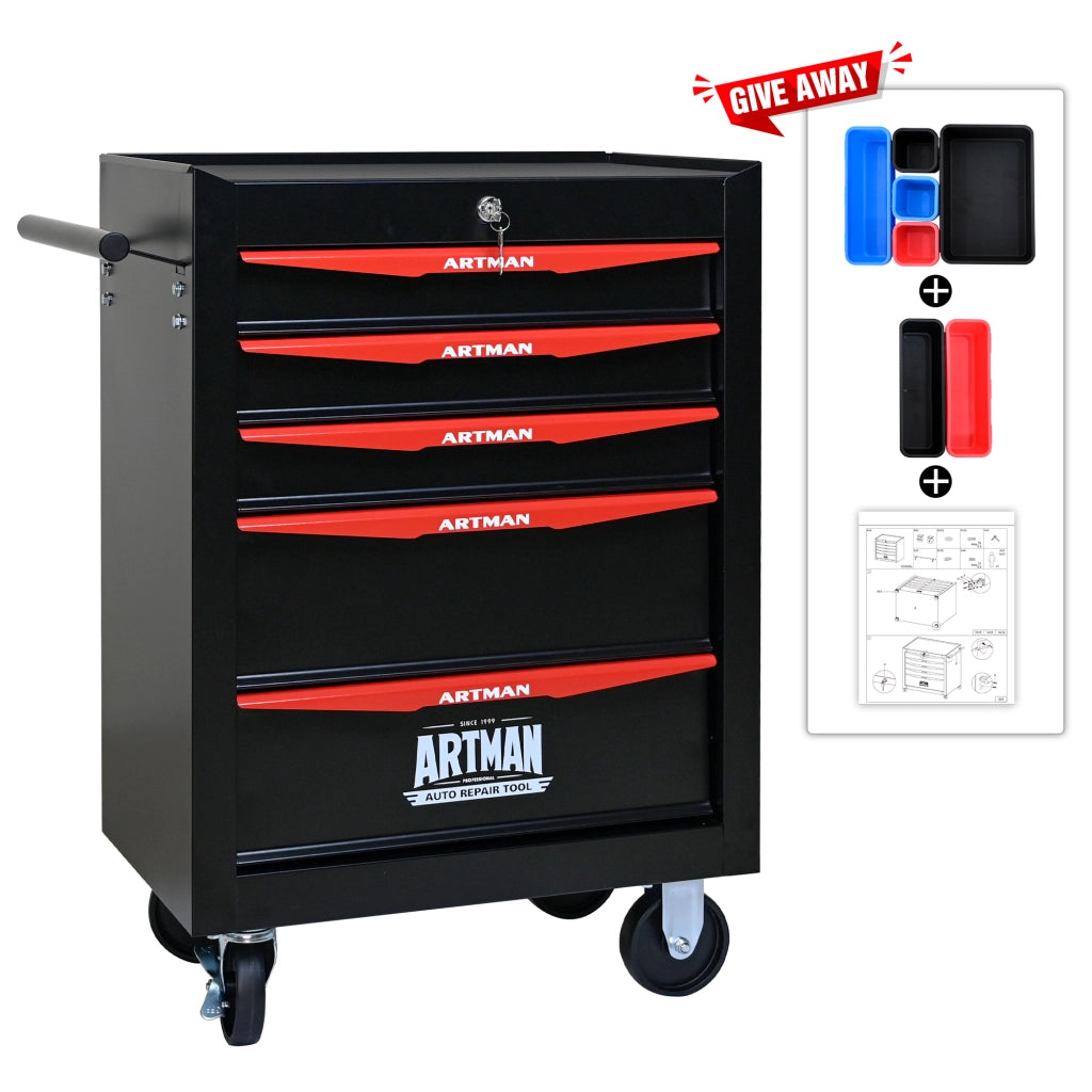 Cassettiera portautensili con 5 cassetti; guide a sfere; ruote e serratura; in acciaio per garage; nero e rosso