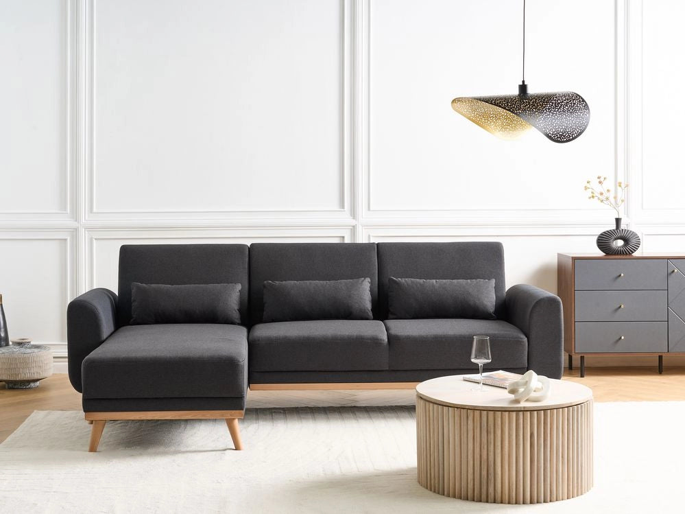 Divano letto ad angolo Rivestimento nero in tessuto poliestere Gambe in legno chiaro Cuscini Design moderno