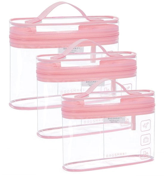 Set di 2 trasparenti organizzatori di trucchi da viaggio, contenitori di 1 litro per articoli da toeletta, accessori di viaggio, rosa
