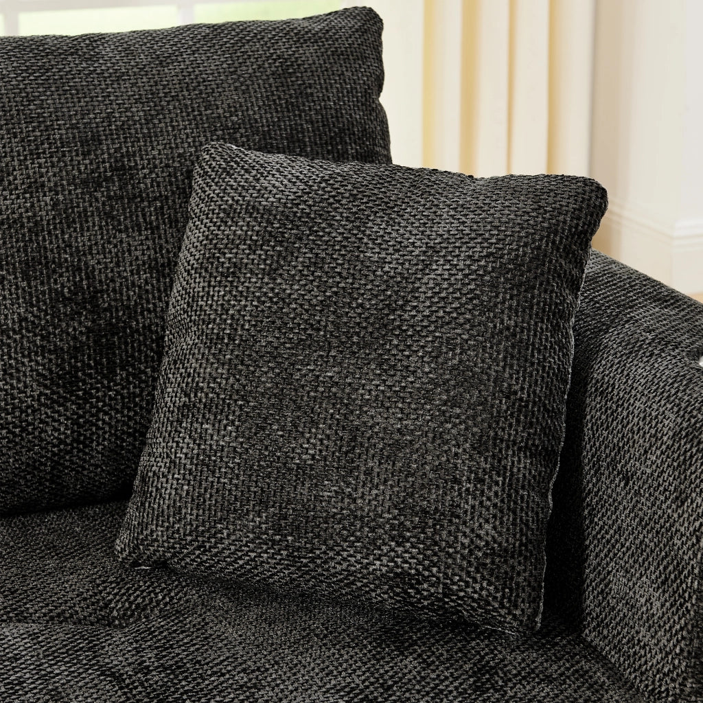 Divano angolare modulare L con portabicchieri in acciaio inox, tasche laterali e lino nero 255 × 170 × 67 cm