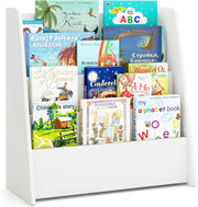 Libreria Montessoriana per Bambini, Scaffale a 4 Ripiani Aperto in Legno con Spazio Nascosto sul Retro, Porta Libri per Cameretta, Stanza dei Giochi e Aula, 57,5 x 26,5 x 59 cm (Bianco)