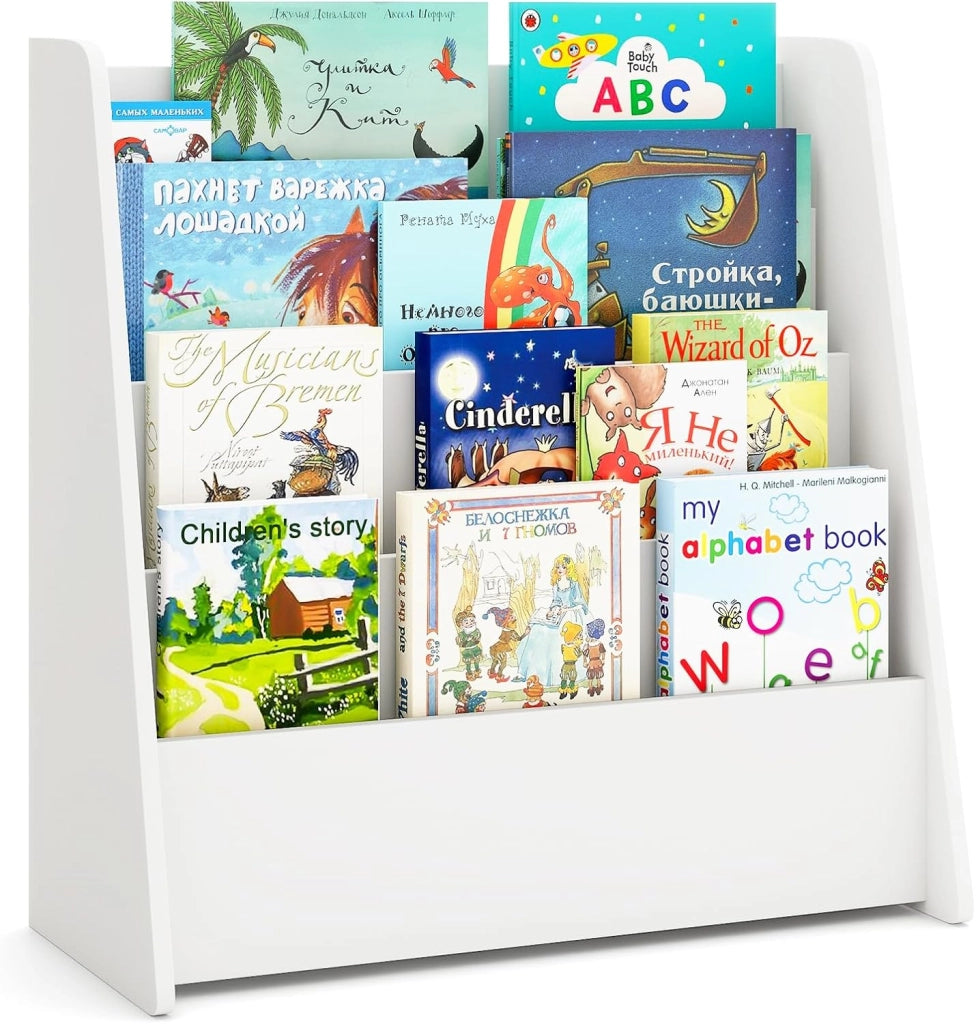 Libreria Montessoriana per Bambini, Scaffale a 4 Ripiani Aperto in Legno con Spazio Nascosto sul Retro, Porta Libri per Cameretta, Stanza dei Giochi e Aula, 57,5 x 26,5 x 59 cm (Bianco)