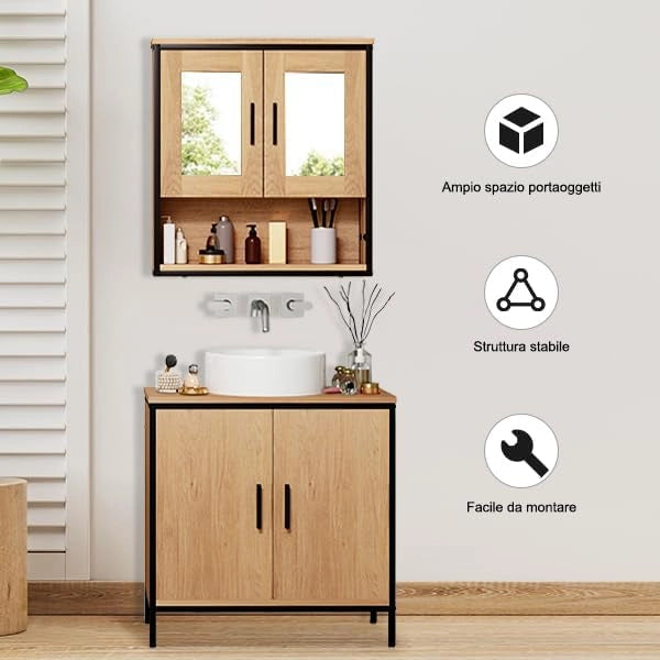 Mobiletto per Bagno Salvaspazio, Pensile da Bagno Sospeso con Mensola e Specchio, Ripiano Regolabile, 2 Ante con Maniglia, Rovere Chiaro+Nero