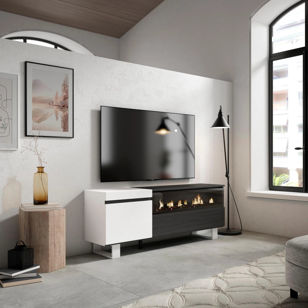Mobile TV Soggiorno, 150x35x57cm, Per TV fino a 65", Camino elettrico, Design industriale, Bianco e nero RF2449
