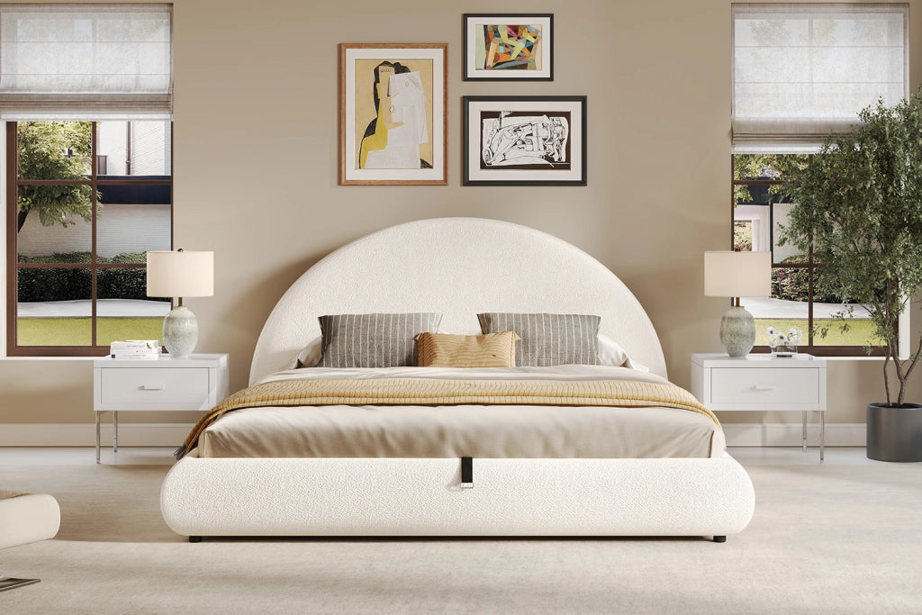 Letto contenitore 180 × 200 cm con sollevamento idraulico e testiera imbottita, senza materasso, bouclé bianco