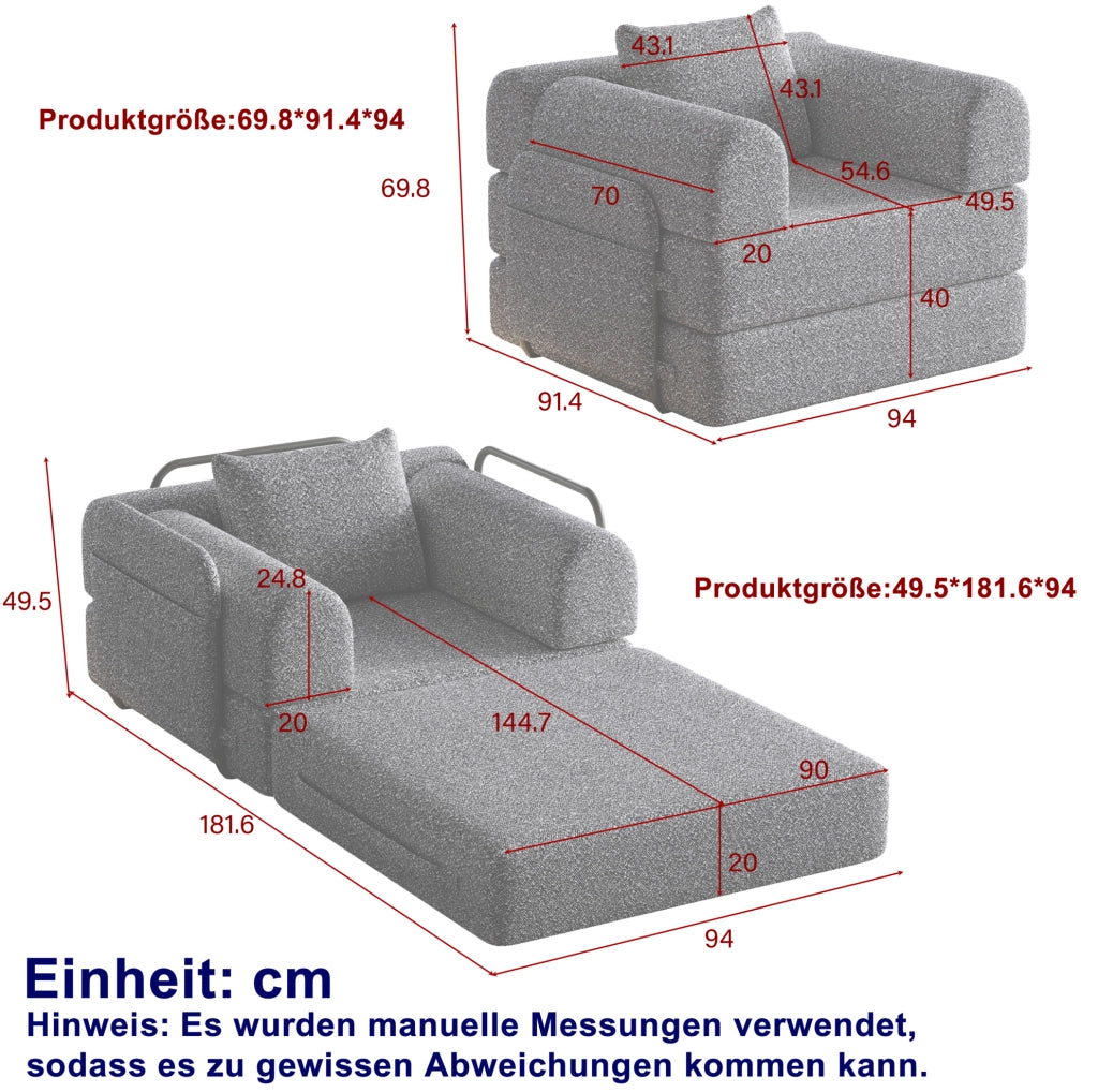 Divano letto 2 in 1 con vano portaoggetti nel bracciolo in chenille khaki