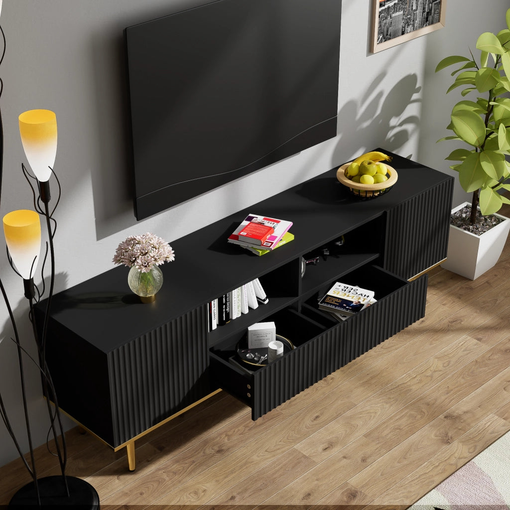 Mobile TV 165x36x55 cm; 2 vani e 2 cassetti con apertura a pressione; pannello truciolare nero e oro