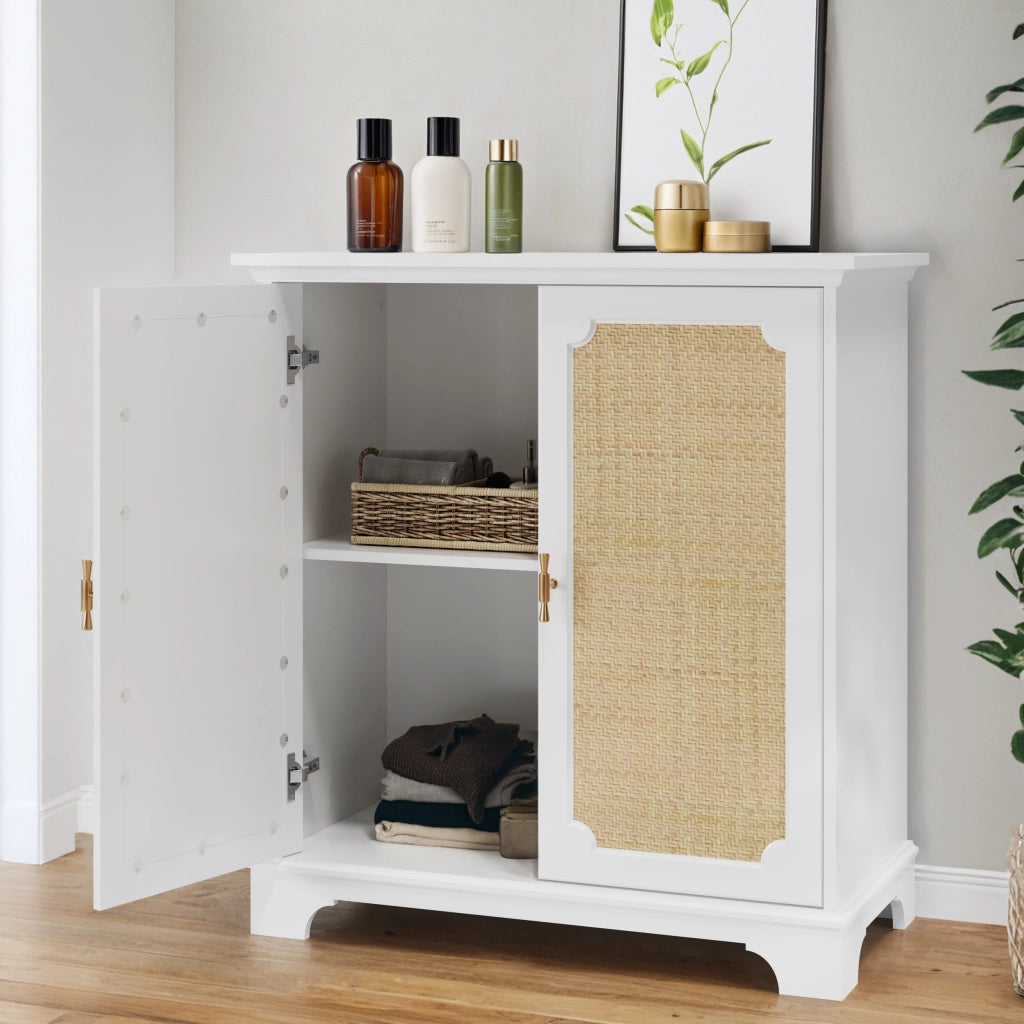 Credenza e madia con 2 ante in rattan, ripiano regolabile, in MDF e truciolare, per cucina e soggiorno, bianco, 80 × 38 × 86 cm