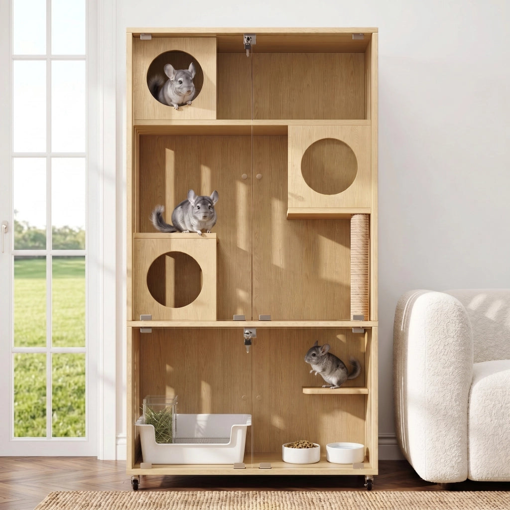 Mobile contenitore per gatti con 3 livelli e porta in vetro - 90×50×166 cm - naturale
