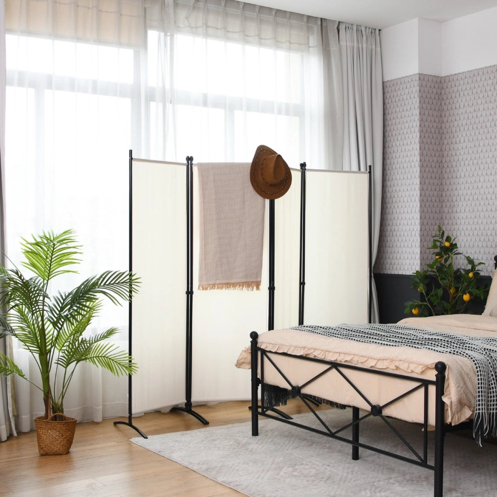Paravento a 4 pannelli da interno in metallo-Divisorio pieghevole con piedini stabili 220x173cm Beige
