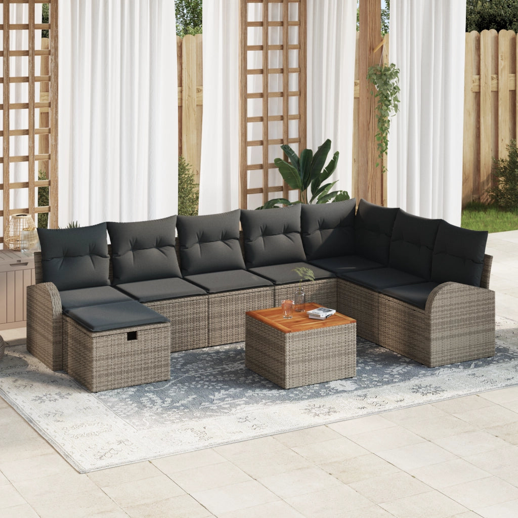 Set di divani da giardino a 9 pezzi con cuscini Grigio Polyrattan