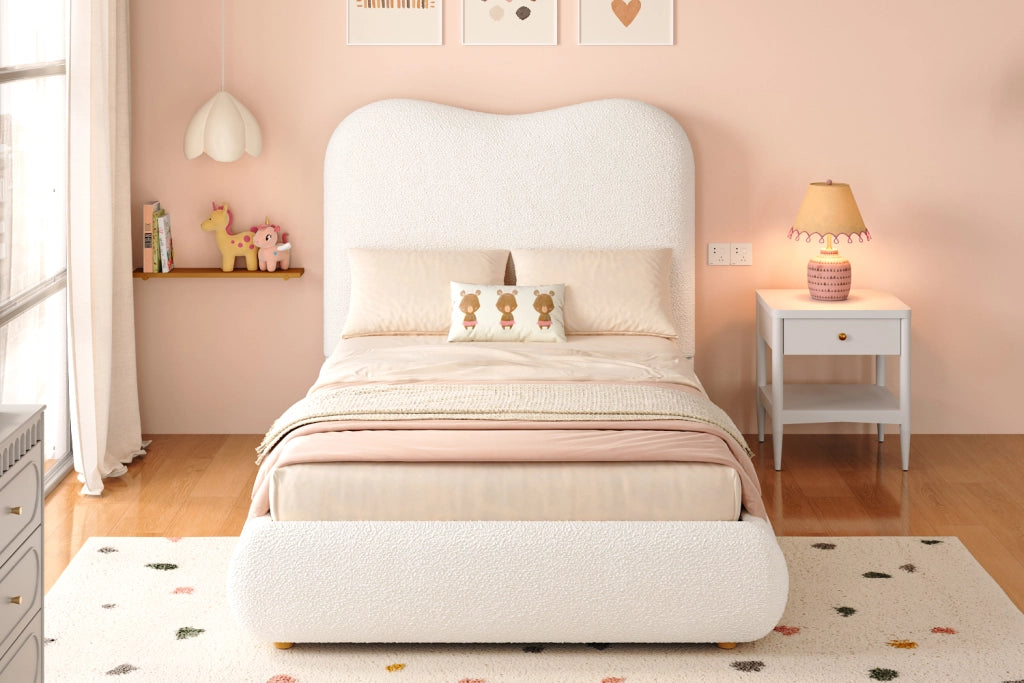 DESMIU Letto bambino 90 × 200 cm con contenitore idraulico, senza materasso, in bouclé, beige
