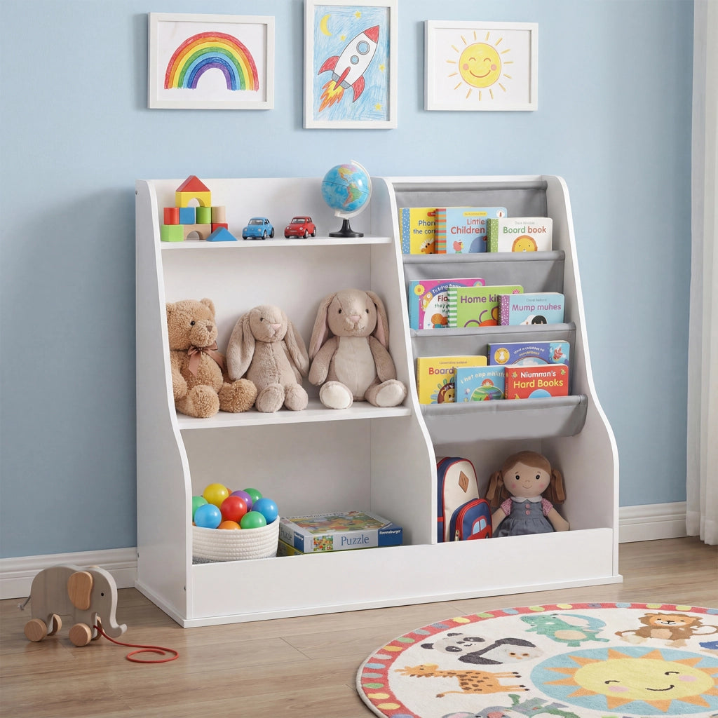 Libreria bambini organizzatore giocattoli legno 3 ripiani tasca tessuto-Libreria anti-ribaltamento sacca cubi stoccaggio sala giochi 80cm