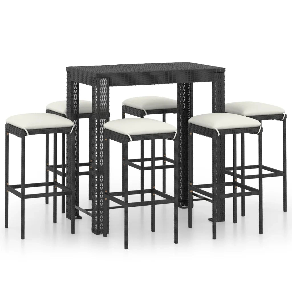 Set Bar da Giardino 7 pz con Cuscini in Polyrattan Nero