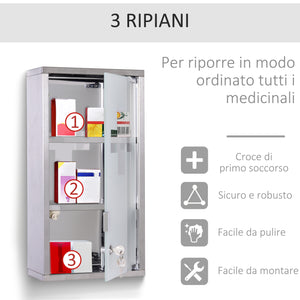 Easycomfort Armadietto Porta Medicinali, Pronto Soccorso Cassetta Medicine in Acciaio Porta in Vetro e 2 Chiavi 48x25cm