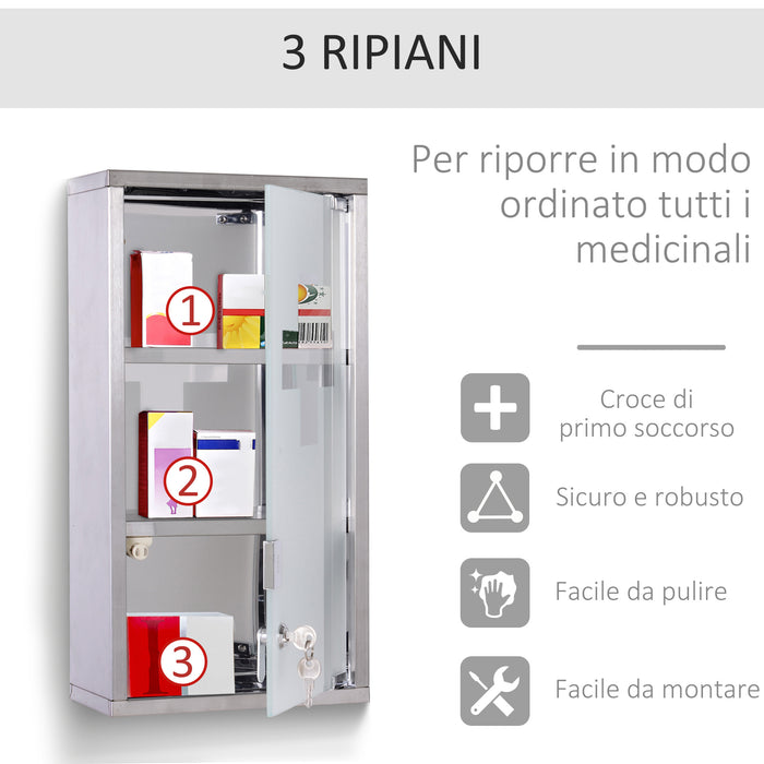Easycomfort Armadietto Porta Medicinali, Pronto Soccorso Cassetta Medicine in Acciaio Porta in Vetro e 2 Chiavi 48x25cm