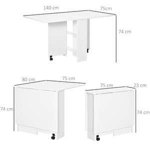 Easycomfort Tavolo Pieghevole Salvaspazio, 2 Ripiani Inferiori in Legno, Tavolo Richiudibile Salvaspazio, con Ruote per 6 Persone, 75P x 140l x 74H cm, Bianco