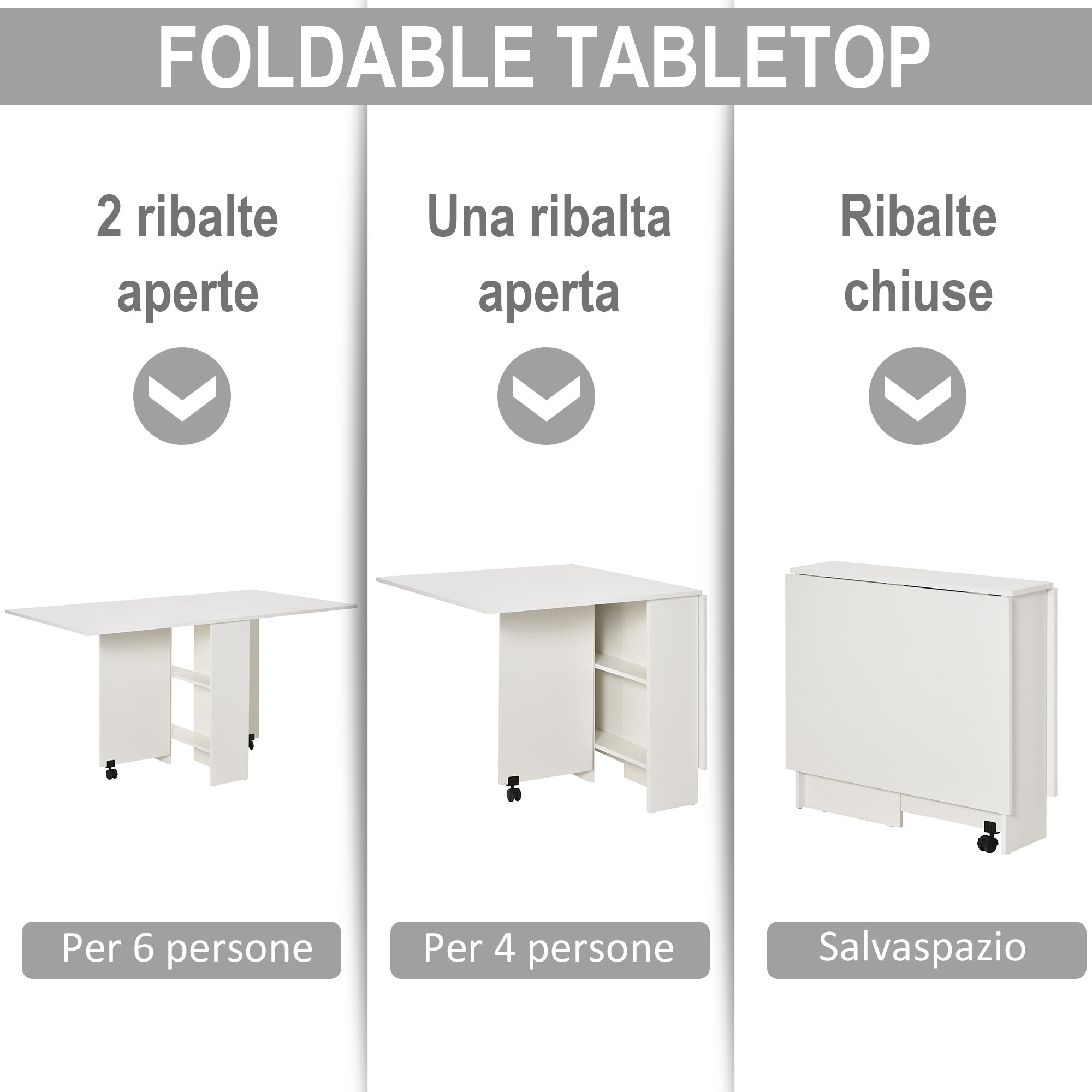 Easycomfort Tavolo Pieghevole Salvaspazio, 2 Ripiani Inferiori in Legno, Tavolo Richiudibile Salvaspazio, con Ruote per 6 Persone, 75P x 140l x 74H cm, Bianco