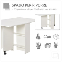 Easycomfort Tavolo Pieghevole Salvaspazio, 2 Ripiani Inferiori in Legno, Tavolo Richiudibile Salvaspazio, con Ruote per 6 Persone, 75P x 140l x 74H cm, Bianco