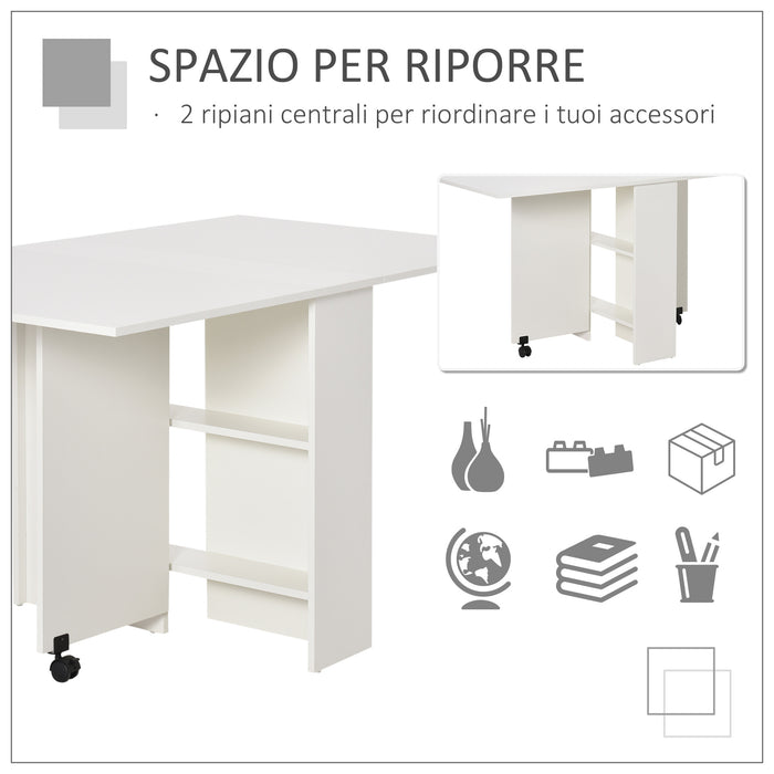 Easycomfort Tavolo Pieghevole Salvaspazio, 2 Ripiani Inferiori in Legno, Tavolo Richiudibile Salvaspazio, con Ruote per 6 Persone, 75P x 140l x 74H cm, Bianco