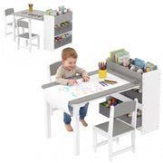 Set tavolo e 2 sedie per bambini in legno con rotolo di carta, ripiani e cassetti, pratico e robusto per cameretta e gioco, grigio