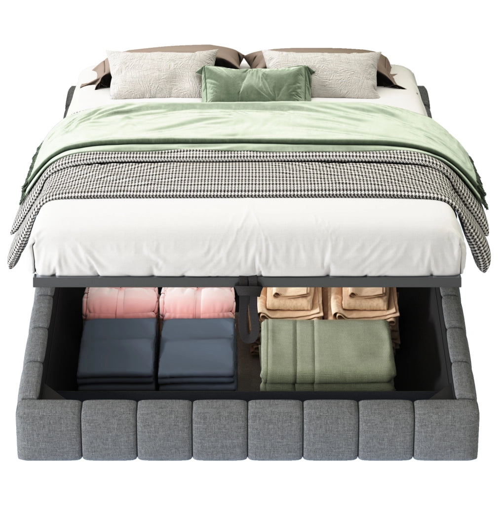 Letto imbottito 140x200 cm con contenitore; LED multicolore e struttura sospesa grigia