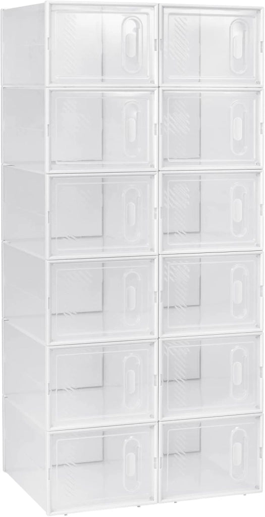 Set di 12 Scatole per Scarpe Contenitore Portascarpe Scarpiera Organizzatore Portaoggetti Impilabile Salvaspazio Coperchio Magnetico Plastica Trasparente Bianco 35x25x19cm