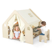 Tenda da gioco per bambini 6-in-1 in legno per interni con lavagna scrivania sedia, Casetta da gioco con tende Beige-Tende e Casette per bambini