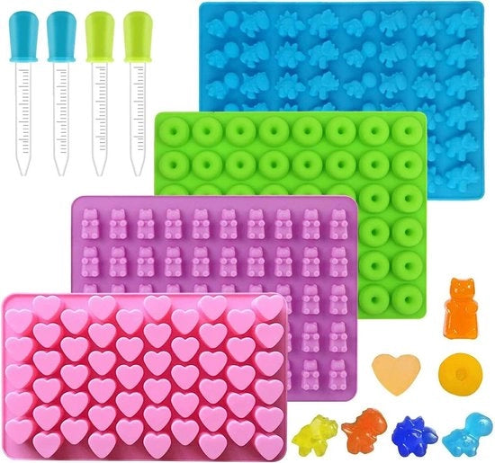 Set di Mould per Caramelle in Silicone - 4 pezzi per Cioccolato Gelatina Gomma Orsetto Sapone - Include 4 Pipette - Colore Casuale