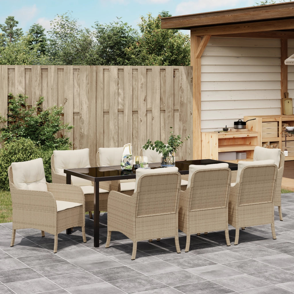 Set da Pranzo da Giardino 9 Pezzi con Cuscini Beige Rattan Polietileno