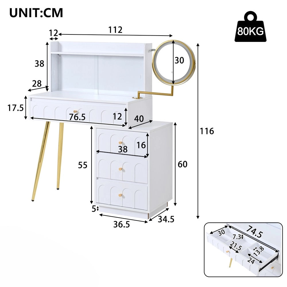 Tavolo Trucco con Specchio LED Girevole e Ante Scorrevoli in Vetro ¨C Xylo ¨C Bianco, 4 Cassetti, 112x40x116 cm