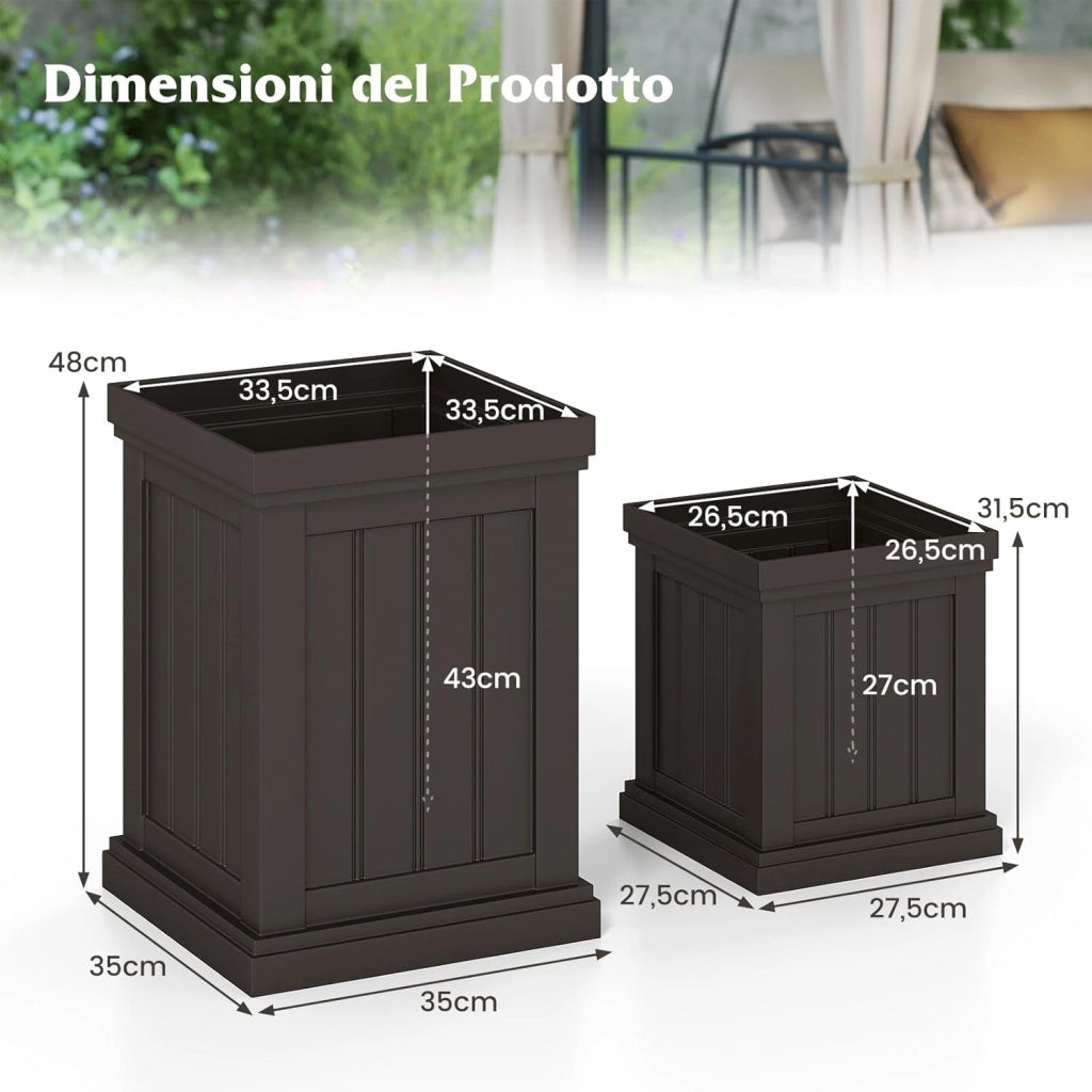 2 Vasi per Quadrati in Plastica 31,5/48 cm, Vasi per Fiori da Interno ed Esterno, con Fori di Drenaggio e Design Nesting, Vasi per Piante da Veranda, Giardino e Patio