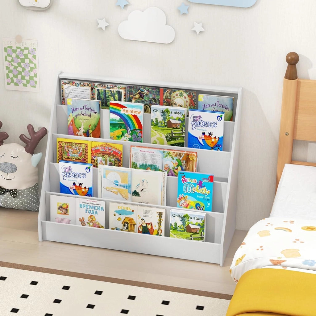 Libreria Montessoriana per Bambini a 5 Livelli, Scaffali Espositivi con Spazio Nascosto sul Retro e Antiribaltamento, per Cameretta, Soggiorno e Asilo Nido, 91 x 38 x 76,5 cm (Bianco)