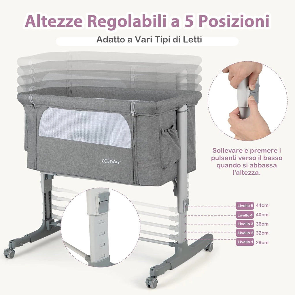 Culla Neonato Fianco Letto 3 in 1, Lettino Dondolo Neonati con Materasso, Culla da Campeggio con Ruote e Borsa, Regolabile In Altezza, Inclinazione di 10°, per Bambini 0-6 Mesi (Grigio)
