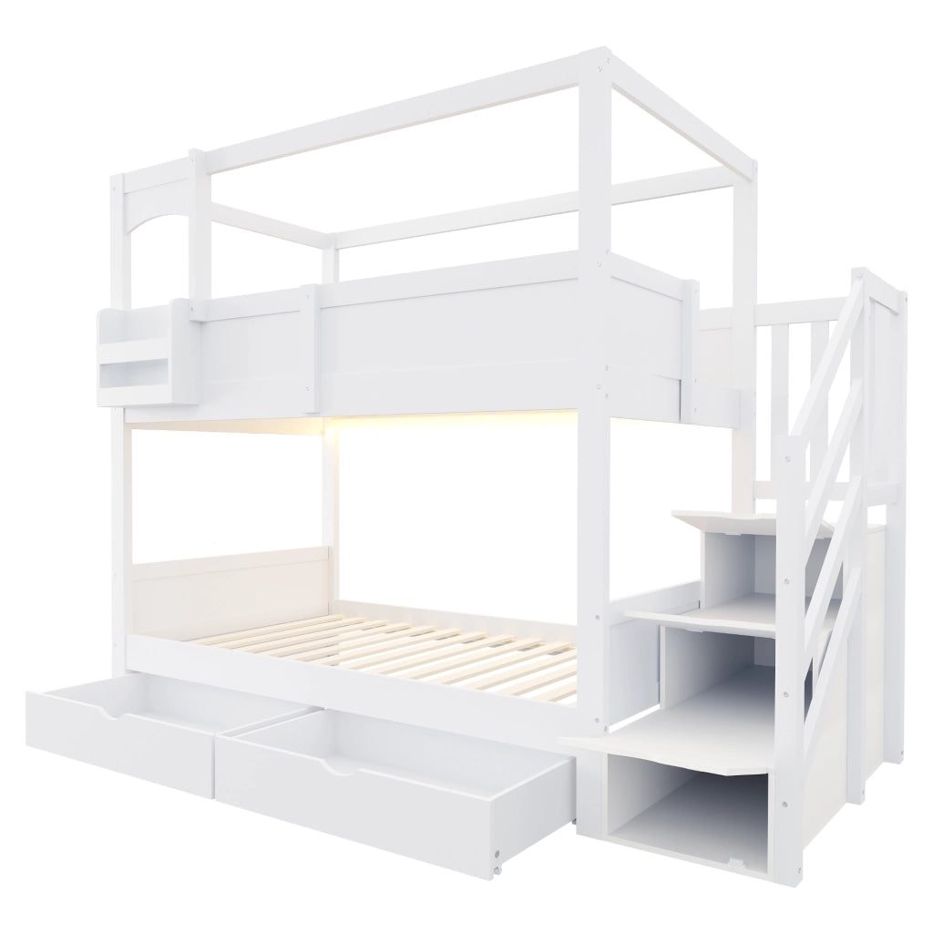 Letto a castello 2 posti con ripiano removibile; lavagna; 2 cassetti; senza materasso; in legno; bianco
