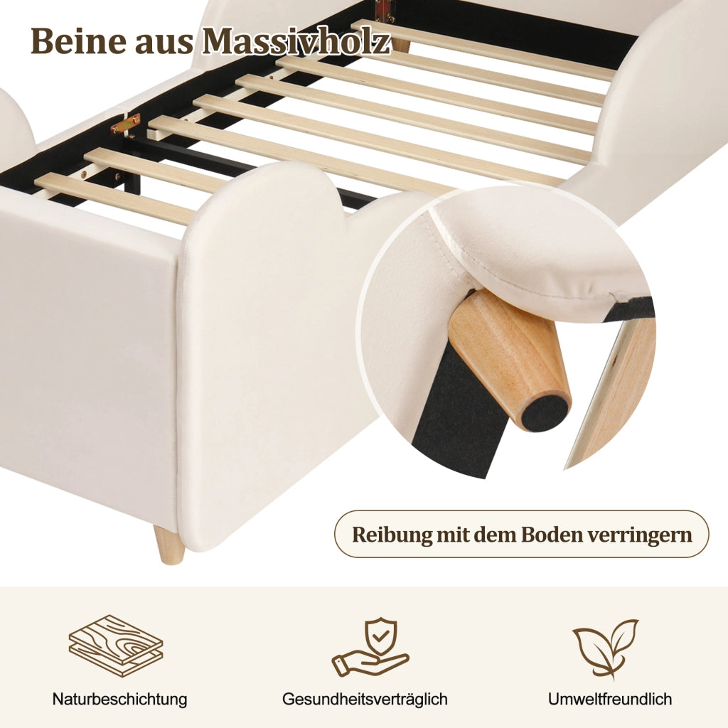 LETTO 90x200 cm in velluto beige con sponde, luce notturna e presa USB Type-C